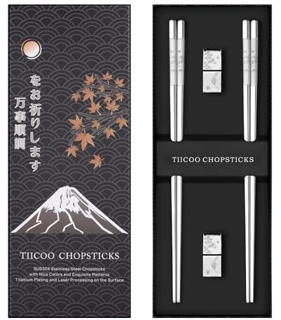 Edelstahl-Essstäbchen Wiederverwendbar 2 Paar Titan 18/8 Edelstahl Essstäbchen mit Halter, Spülmaschinenfest Leichte Metall- Essstäbchen Japanischen Geschenkset (Silber)