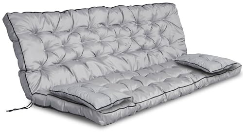 EDANTI Hollywoodschaukel Auflage Set Sitzauflagen Gartenmöbel Gartenkissen Sitzkissen Bankauflage Wasserdichtes Schaukelkissen +2X Kleinere Kissen (Hellgrau Mit Schwarzen Streifen, 180x60x50 cm)