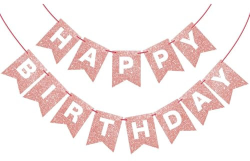 Rose Gold Glitter Happy Birthday Banner, Swallowtail Flag Happy Birthday Sign, Bunting Garland Bday Party Decorations & Decor for Kids Girls