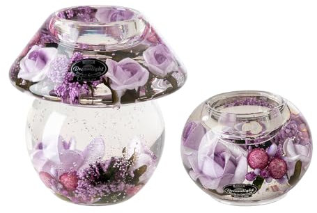 Dreamlight Teelichthalter Deko Noblesse Mercur - 2er Set Traumlicht Teelichter Glas Tischdeko Hochzeit Ostern Geschenk für Frauen Geschenkset Muttertag - Violett Pink - Höhe 6/11 cm
