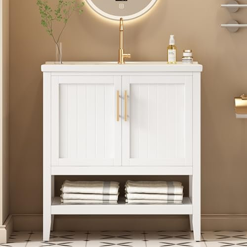 Soweiz Mueble de baño individual con armario bajo 80 cm con lavabo de cerámica, fácil de mover, blanco, 80 x 47 x 89 cm