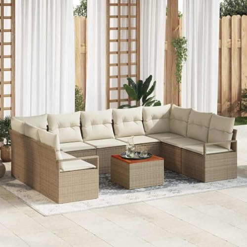 Qnhdfrt Garten Sofa Set 10 pcs Beige Weiß Groß Rattan und Holz Lounge Set Outdoor mit Tisch für Garten Terrasse Balkon
