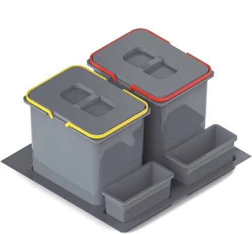 REJS Mülltrennsystem Küche für 60 cm Schrank 2-fach 52,5x49x40 cm (2x 20L) mit Deckel Einbau Abfallsammler für Schubladen Küchenabfalleimer Abfalltrennung Abfallbehälter Set Silberfarben