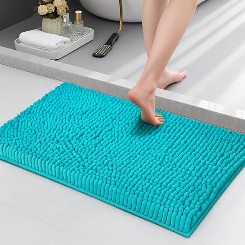 Lions Chenille Bath Mat - 50x80 cm - Extra Soft Non Slip Bathroom Mat, Super Absorbent Fluffy Absorbent Bathmat for Bathroom Floor, Machine Wahsable, Quick Dry Rug Foot Mats, Teal