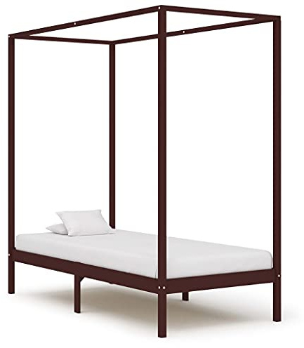 Bucmath Himmelbett-Gestell Dunkelbraun, Massivholz Kiefer, 90x200 cm, mit Lattenrost, Robustes Schlafzimmer-Möbel für Erwachsene, Elegantes Bettgestell