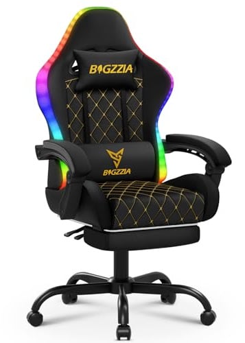 Racingreat RGB/LED Gaming Stuhl mit Lichtleiste und Fußstütze (Schwarz) | RGB/LED PC Stuh mit Footrests, 90°–135° Neigungswinkel Höhenverstellbar, Junge Erwachsene Gamer Büro Pause Familien