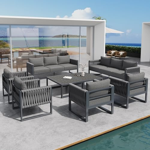 TOBIDOEN Gartenlounge Set Outdoor Sofa, Grau Gartenmöbel Set mit Verstellbaren Füßen und Rostfreiem Metallgestell, Verdickte Seile, Hochdichte Sitzpolster mit Waschbaren Bezügen (10-Sitzer)