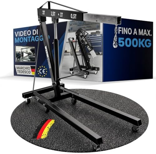 WERKTHOR Motorkran 500kg klappbar für Werkstatt – Motorheber 500KG hydraulisch & platzsparend – Werkstattkran schwarz mit 6 Rollen – Profi Hebekran für Motoren & Getriebe