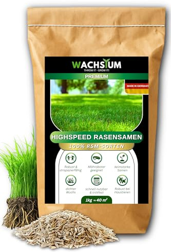 Rasensamen schnellkeimend 1kg 40qm – Frühjahr und Sommer Premium Grassamen Nachsaat, dichter strapazierfähiger Rasen, Mähroboter geeignet – kräftiges Wachstum, RSM Qualität,