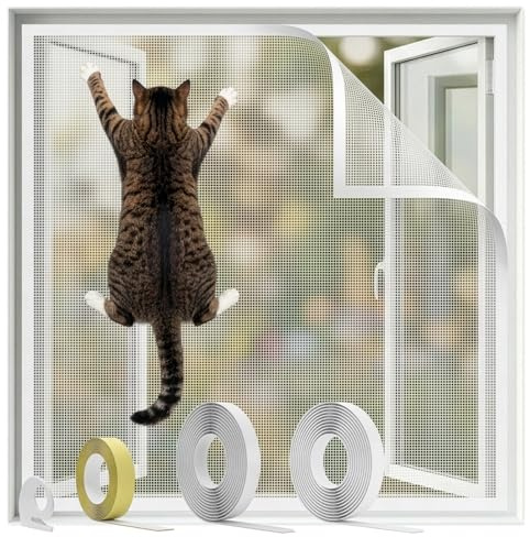 BKSAI Cat Window Guard Screen, Window Net Mesh Netting for Cats and Insects | Reinforced 320 g/m² Strong Adhesive Window Fly Screen, Keep Cats In and Bugs Out, Triple Safety System, Indoor Cat Safety