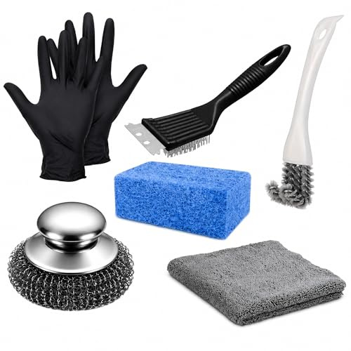Oven & BBQ Cleaning Kit Includes Stainless Steel Wire Cleaning Brush, Scraper Pad, Microfibre Cloth, Wire Ball Brush + 5 Replacement Balls & Gloves – Removes Grease & Restores Shine For Grills & Ovens