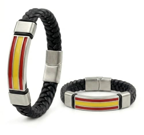 Pulsera Cuero Bandera España Hombre Mujer - Pulseras Selección Española Fútbol Aficionados - Cierre Acero Inoxidable Seguro Ajustable - Colores Roja y Amarilla - Regalo Mundial Eurocopa