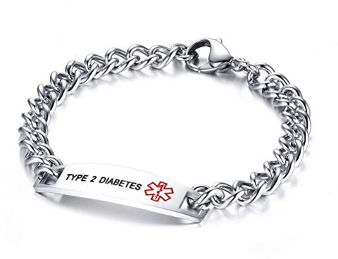 Flongo SOS Damen Medical Armband Männer Armreif, Edelstahl Armkette Kette Panzerkette Silber Krankheit Medical Alert ID Notfall Medizinische Marke Herren-Accessoires Type 2 Diabetes