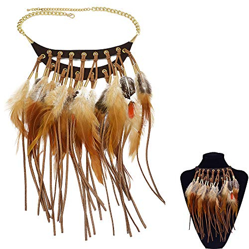 Jurxy Bohemian Halskette Feder Quaste Halskette Halskette Indianer Lange Kette Feder Damen Anhänger Erklärung Halskette Halsreif Schmuck - Braun