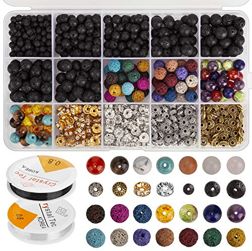 AIEX 606 Stück Lava Perlen Kit Lavastein Perlen Verschiedene farbige Chakraperlen Spacer Perlen mit 2 elastischen Stretch Saiten und 2 Perlennadeln für ätherisches Öl Armband Halskette