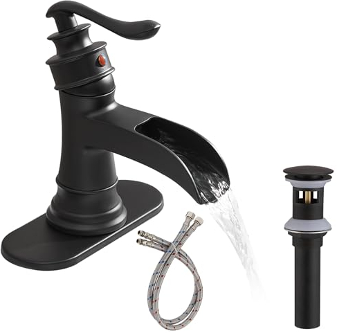 BATHLAVISH Schwarzer Badezimmer-Wasserhahn, Wasserfall, Einzelloch, Einzelgriff, Deck-Halterung für Waschbecken, matt, Badewanne, mit Pop-Up-Ablaufgarnitur mit Überlauf-Mischbatterie, bleifrei