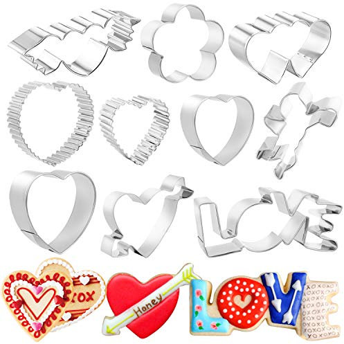 HOWAF 10pcs Mariage Emporte-Pièces en Acier Inoxydable pour Bricolage Biscuit Pâtisserie Cookie Gâteau Fondant, l'amour Fleur Cœur Aile Ange Forme Emporte-Pièces Saint-Valentin Cuisson Accessoires