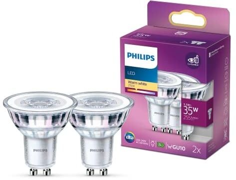 Philips ampoule LED Equivalent35W GU10 Blanc chaud, Non dimmable, Verre, Lot de 2