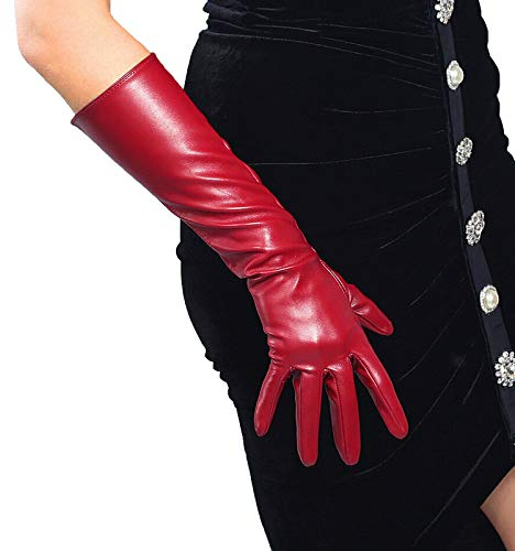 DooWay Women's Long Leather Gloves Faux Patent Lambskin PU Elbow Length for Evening Dress Costumes 16 inchse, Dark Wine Red, Medium