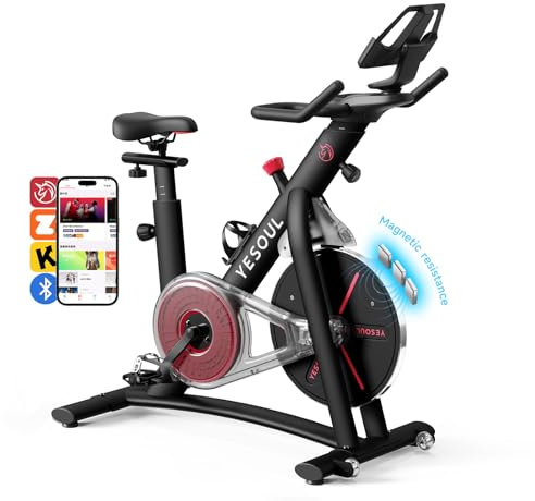 YESOUL Indoor Cycling Bike für Zuhause, leiser Heimtrainer mit magnetischem Widerstand, Bluetooth sowie verstellbarem Sitz und Lenker, Fitnessbike für Cardio-Training