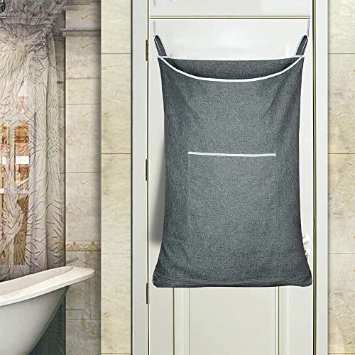 KINGSUSLAY Über-Tür Wäschesammler, Wäschesack zum Aufhängen,Korb für Badezimmer, Schrank, platzsparende Aufbewahrung,wäschekorb hängend mit 2 Stück Edelstahl Haken & 2 Stück Saughaken(89x56CM, Grau)