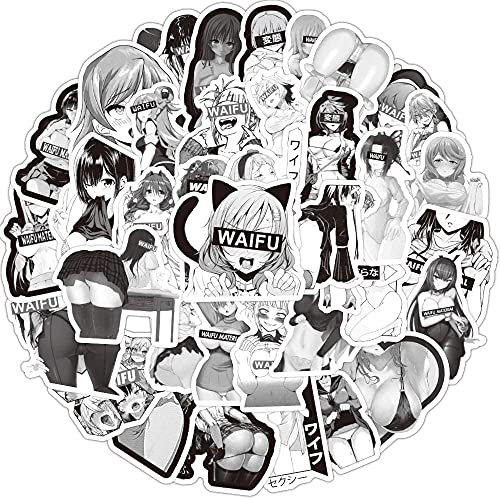Anime-Waifu-Aufkleber für Erwachsene und Männer (50 Stück), Schwarz,Weiß, Damen-Aufkleber für Teenager, Cartoon, sexy Mädchen, Aufkleber für Laptop, Wasserflasche, Reisetasche, Handyhülle, Computer