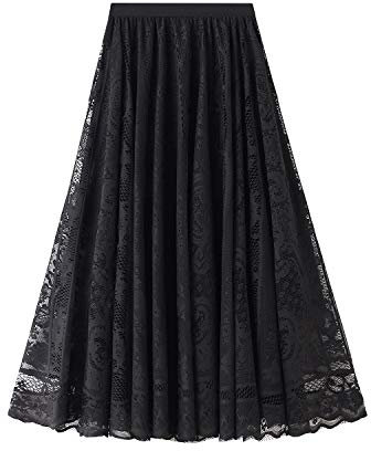 e-girl Jupe Trapèze Fleurie Femme Noir Jupe Dentelle Maxi,Taille Unique,S0851