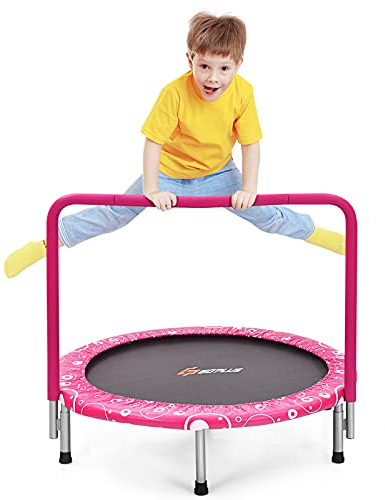GOPLUS φ92cm Kinder Mini-Trampolin mit Haltegriff, klappbares Gartentrampolin bis 150kg belastbar, Kindertrampolin für Indoor&Outdoor&Garten, stabiles Sicherheitstrampolin für Kleinkinder (Rosa)