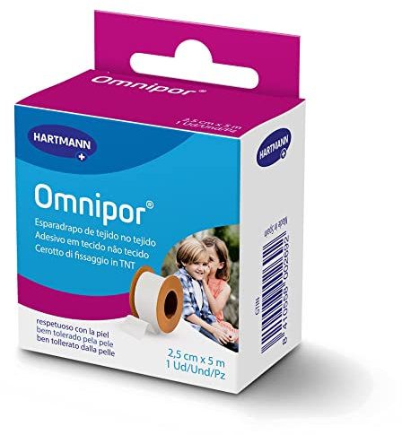Omnipor, Esparadrapo de Tela Resistente, Pre-Tape para la Sujeción de Apósitos y Vendajes, Espadrapo Hipoalargénico y Resistente al Agua, Cinta Quirurgica, Color Blanco (2,5cm x 5m)