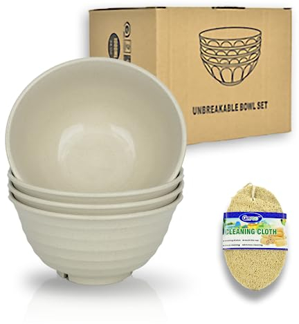 JSYMJSY Juego de 4 cuencos de plástico resistentes a roturas, 1000 ml, cuenco ligero de plástico para cereales, sopas, aperitivos, ensaladas, arroz, pasta, beige, Φ17 cm