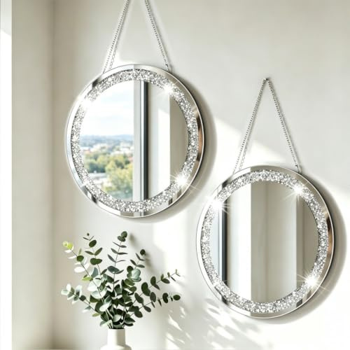 QMDECOR Crystal Crush Diamant-Silber-Spiegel 2er-Pack, Durchmesser 30,5 cm, runde Form mit Eisenkette, echter Glas-Spiegel für Wanddekoration