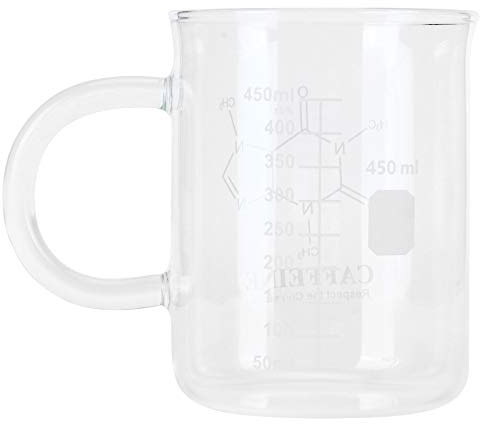 Borosilicate Glass Caffeine Mug with Handle, 16OZ Capacity Caffeine Beaker Mug, Transparent Coffee Cup with Meausring for Coffee, Latte, Tea, Chocolate, Hot and Cold Drinks
