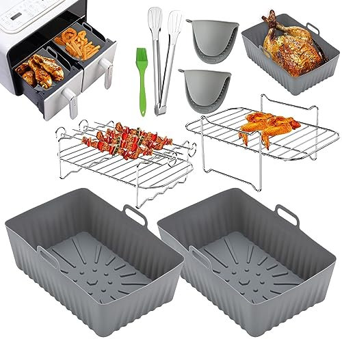Lifemaison 8pcs Reusable Silicone Air Fryer Liners,Air Fryer Accessories for Tower Vortx T17088 9l Dual Basket,Dual Air Fryer Racks & Paper Lining Accessories,Compatible with Oven,Microwave,Grey