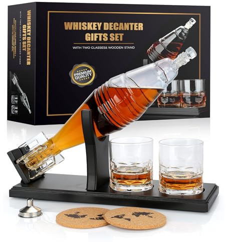 Exreizst Decanter per Whisky 650ml,Set di Decanter Per Whisky,Decanter whisky,2 bicchieri da whisky, set di regali da whisky per uomini Regali di Natale per papà marito fidanzato Festa del papà
