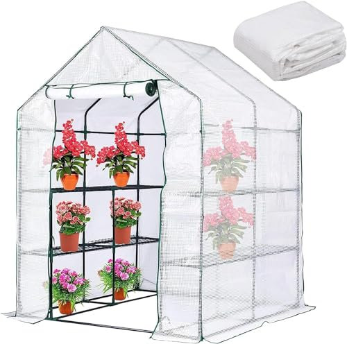 Serre de Jardin Polycarbonate,Couverture Portative de Serre de Jardin pour Légumes Plantes Fleurs Bâche Renforcée avec PVC Clair et Fermeture à Glissière,143x143x195cm (Blanc sans Cadre)