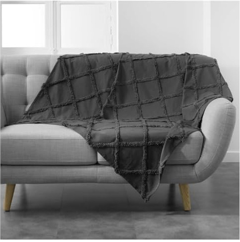 MACOSA U1609394 Baumwolldecke Anthrazit 150 x 125 cm Wohndecke 100% Baumwolle Fransen-Decke Tagesdecke Plaid Sofadecke Designdecke Wolldecke Reisedecke