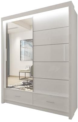 INTERWOOD Modern High Gloss Mirror Sliding Doors Wardrobe, featuring 2&3 sliding Doors, Hanging Rails & Adjustable Multiple Shelves, offers Space Saving solutions for Bedroom furniture 150cm(white)