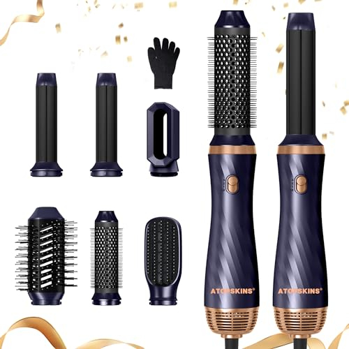 Secador 6 en 1, Cepillo de Aire Air Styler Set 6 Modelador de Cabello, plancha de pelo cepillo alisador pelo cepillo alisador cepillo pelo rizado secador pelo profesional, Azul