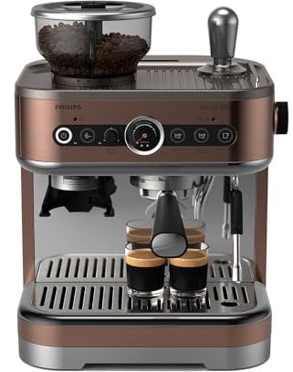 Philips Barista Brew - Cafetera espresso semiautomática. Botón para espresso simple y doble + americano, recipiente doble para granos de 280 g, apisonado calibrado, cappuccino de metal (PSA3228/41)