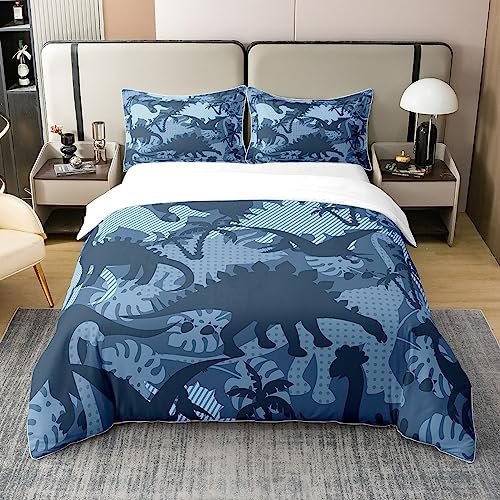 Loussiesd Dinosaurier 100% Baumwolle Bettwäsche Set 155x220cm Dino Dschungel Tier Bettbezug Set Wildlife Dekor Blau Betten Set für Kinder Erwachsene Nette Cartoon Tier Bettwäsche Dekor Bettbezug