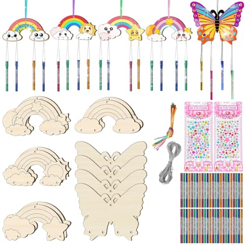 TYXHXTF 12 Stück Windspiel Bastelset Kinder, Kreativsets für Mädchen, Basteln Holz, Holz Klangspiel Basteln, Regenbogen Schmetterling Basteln Bastelhandwerk, für Mädchen Junge Kindergeburtstag