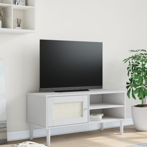 Homgoday Senja Meuble TV aspect rotin blanc 106 x 40 x 49 x 49 cm massif, meuble TV salon, table basse, meuble TV