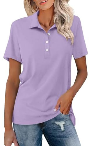 Polo da donna a maniche corte, funzionale, traspirante, per polo da tennis, estivo, con bottoni, da golf, da donna, Lilla, M