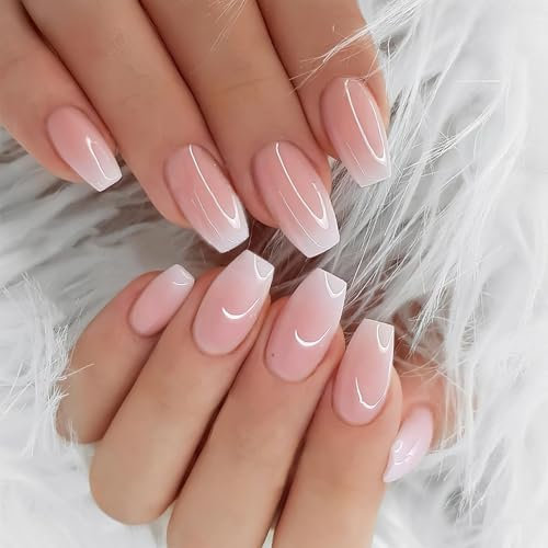 24Pcs False Nails Short, Nude Pink Gradient Square Press on Nails, Fake Nails Short, Full Cover Acrylic Stick on Nails for Women and Girls