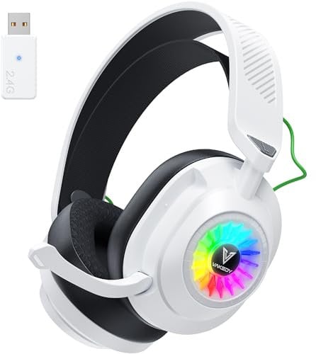 Vakedy HW10 Wireless Gaming Headset for PS5,PS4,PC,2.4GHz Bluetooth Gaming Headphones with Noise Cancelling Microphone,50Hr Battery Gamer Headset for Switch, Laptop,Mobile,Mac,Cool RGB (White)