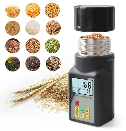Digitaler Getreide-Feuchtigkeitsmesser-Tester, Getreide-Feuchtigkeitstester mit LED-Anzeige, 90 ml Fassungsvermögen, 99 Gruppen-Datenspeicherung, automatische Temperaturkompensation