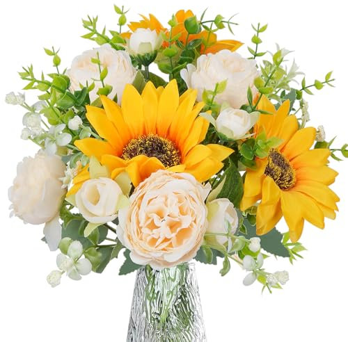 Luabue Bouquet di Fiori Artificiali Girasole Peonie con Foglie di Eucalipto Fiori Artificiali Decorativi Fiori Finti per Casa Matrimonio Compleanno Centrotavola Composizione