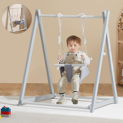 FUNLIO Altalena in Legno per Bambini da 6 a 36 mesi, Altalena Pieghevole per Bambini con 4 sacchi di sabbia, Altalena per Bambini da Interno/Esterno - Grigio