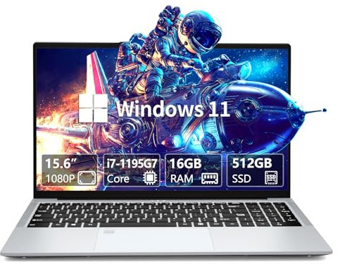 15,6 Pollici PC Portatile Core i7-1195G7, Win11 Notebook 16GB RAM 512GB SSD, Gaming Laptop Iris Xe GPU, 1920*1080 IPS Schermo, Sblocco Impronta Digitale, Tastiera Retroilluminata, Type-C/RJ45