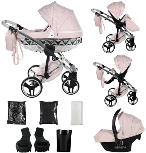 Junama Kinderwagen Diamond Heart 2in1 3in1 4in1 (06 - Rosa und Silber, 3in1 mit Autositz)